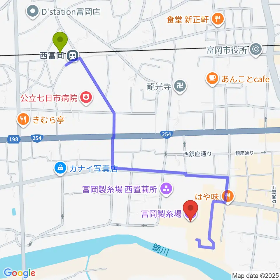 西富岡駅から富岡製糸場へのルートマップ地図