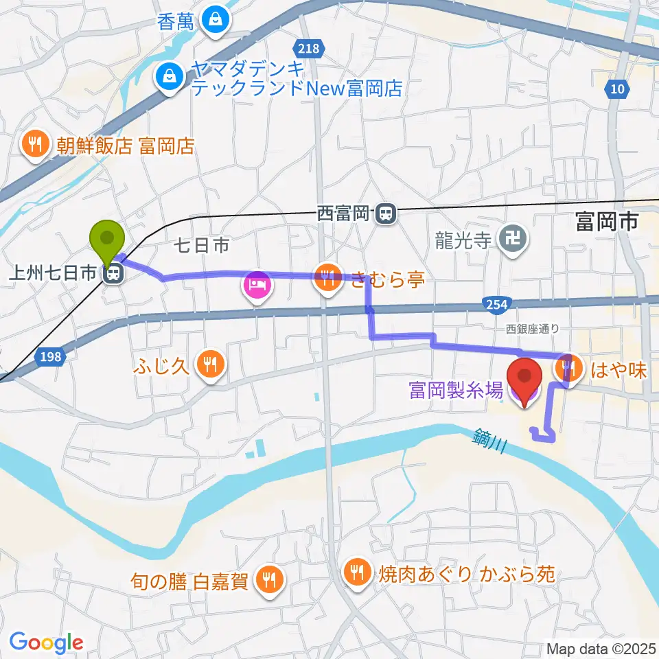 上州七日市駅から富岡製糸場へのルートマップ地図