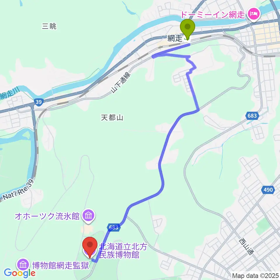 北海道立北方民族博物館の最寄駅網走駅からの徒歩ルート（約47分）地図