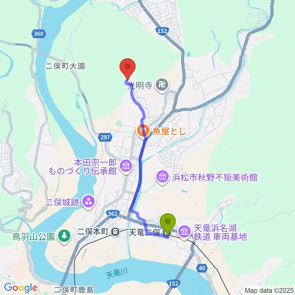 天竜二俣駅から内山真龍資料館へのルートマップ地図