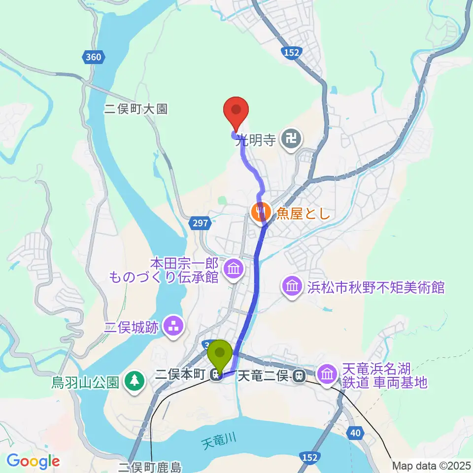 内山真龍資料館の最寄駅二俣本町駅からの徒歩ルート（約32分）地図