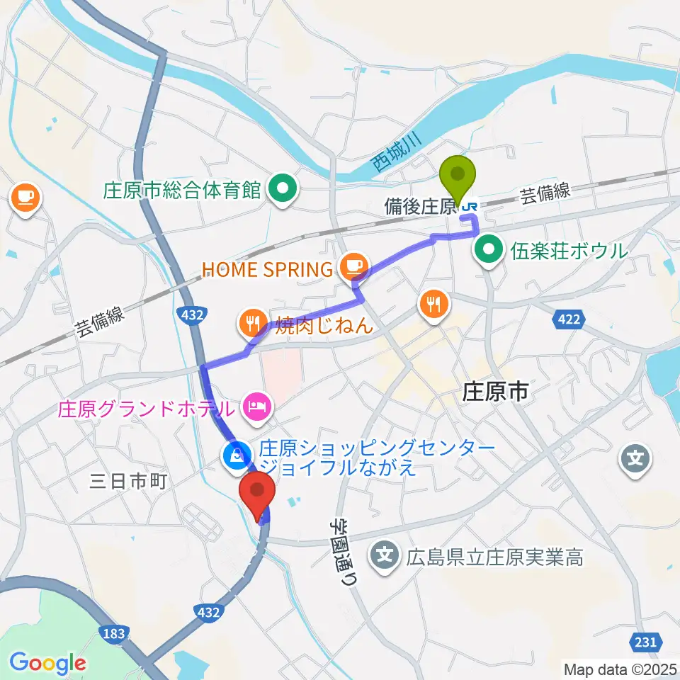 庄原市歴史民俗資料館の最寄駅備後庄原駅からの徒歩ルート（約17分）地図
