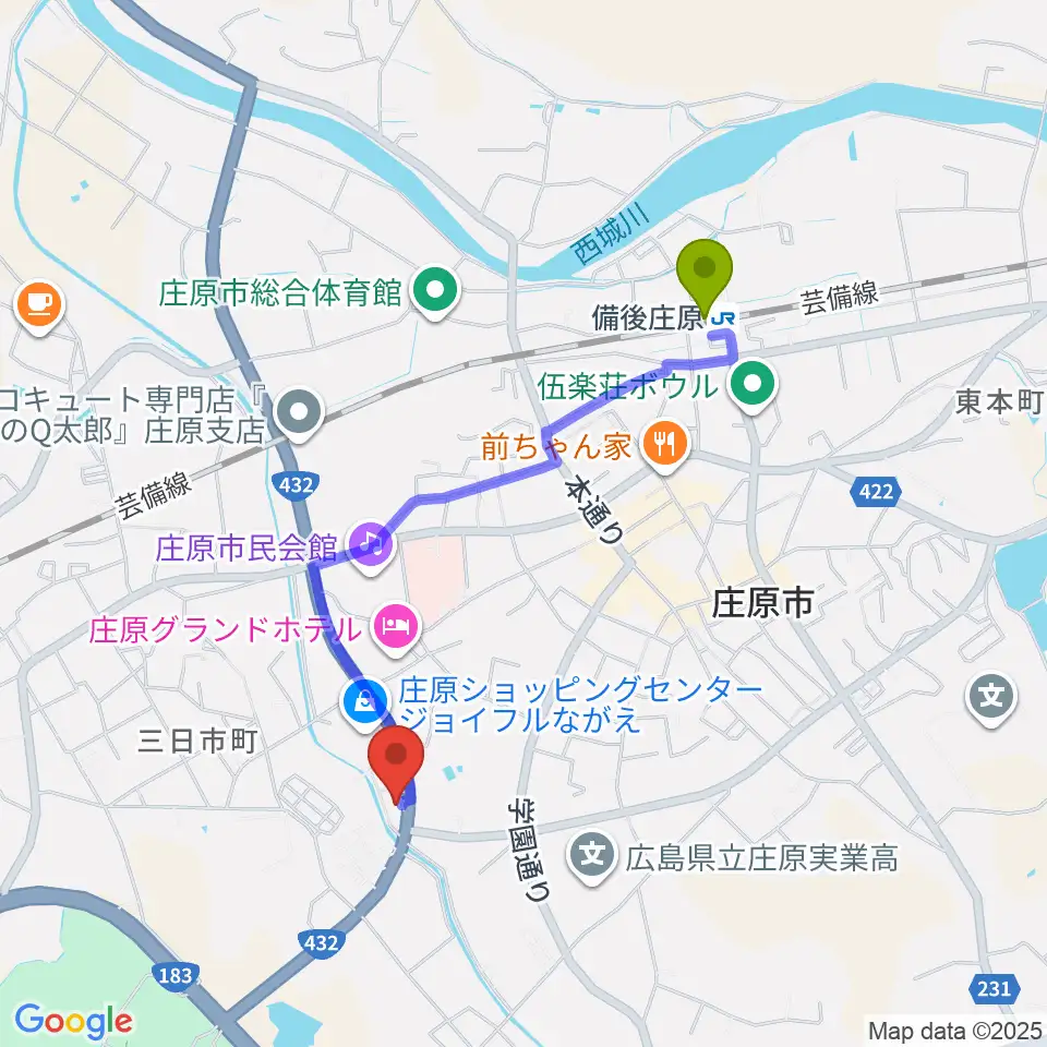 庄原市歴史民俗資料館の最寄駅備後庄原駅からの徒歩ルート（約17分）地図