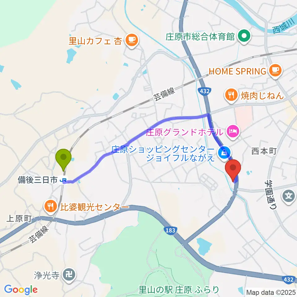 備後三日市駅から庄原市歴史民俗資料館へのルートマップ地図
