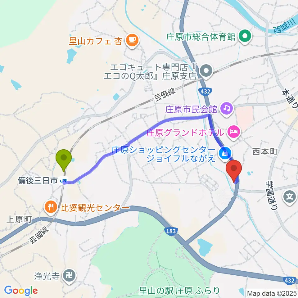 備後三日市駅から庄原市歴史民俗資料館へのルートマップ地図