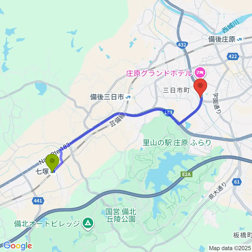 七塚駅から庄原市歴史民俗資料館へのルートマップ地図