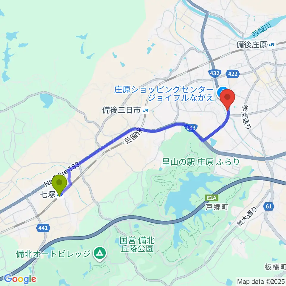 七塚駅から庄原市歴史民俗資料館へのルートマップ地図