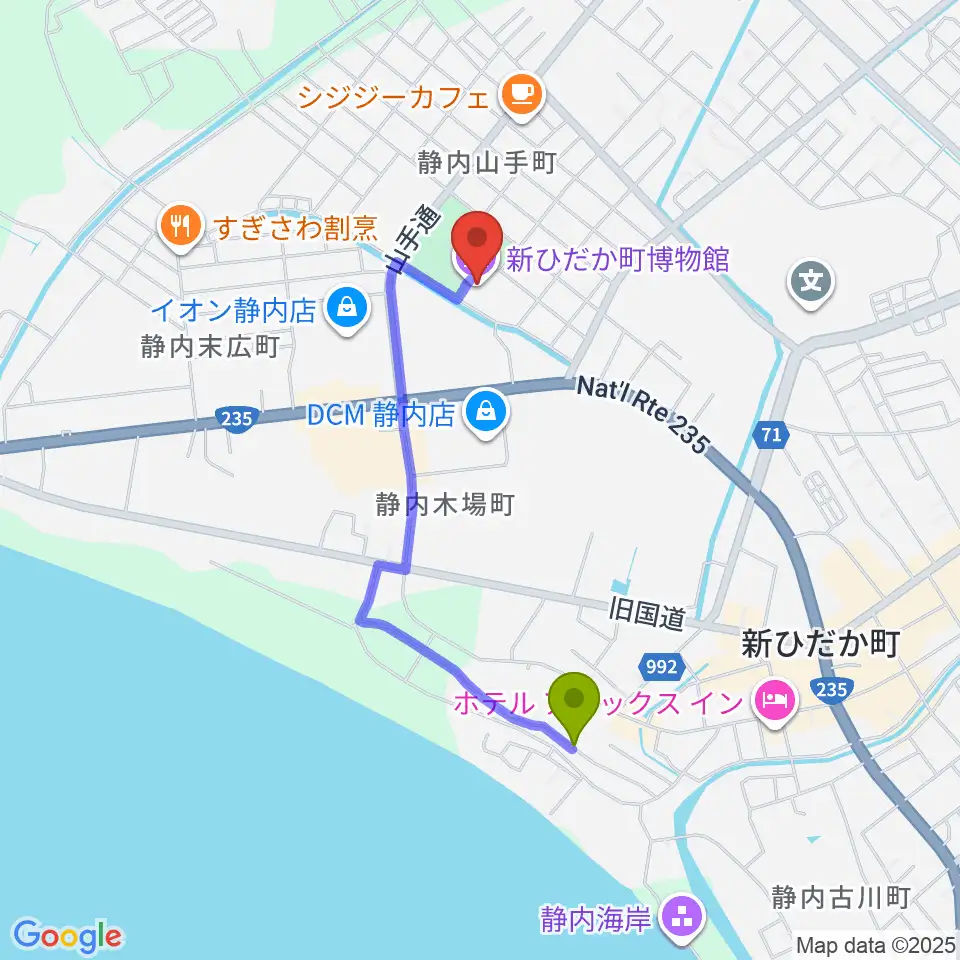 新ひだか町博物館の最寄駅静内駅からの徒歩ルート（約14分）地図