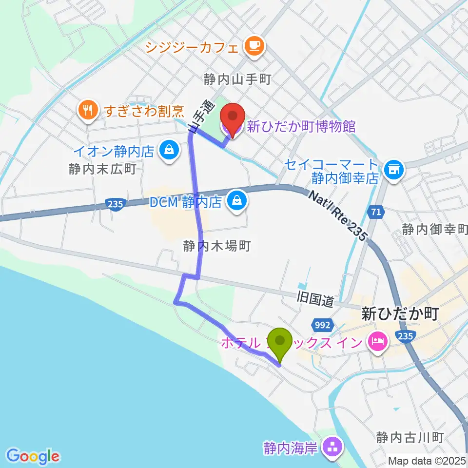 新ひだか町博物館の最寄駅静内駅からの徒歩ルート（約14分）地図
