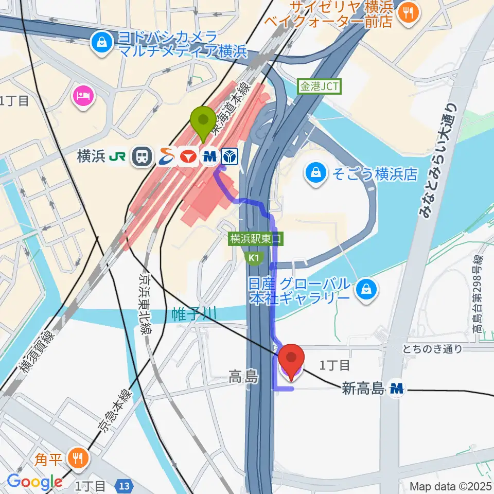横浜駅からプラネタリアYOKOHAMAへのルートマップ地図