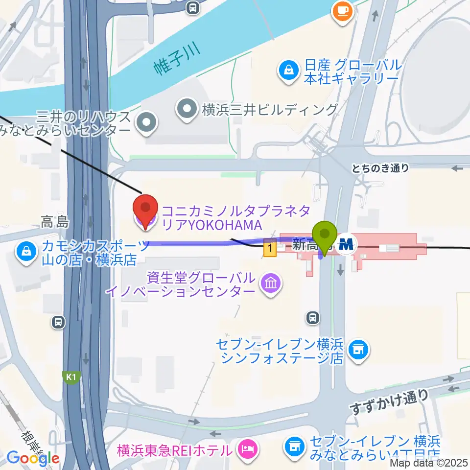 プラネタリアYOKOHAMAの最寄駅新高島駅からの徒歩ルート（約3分）地図