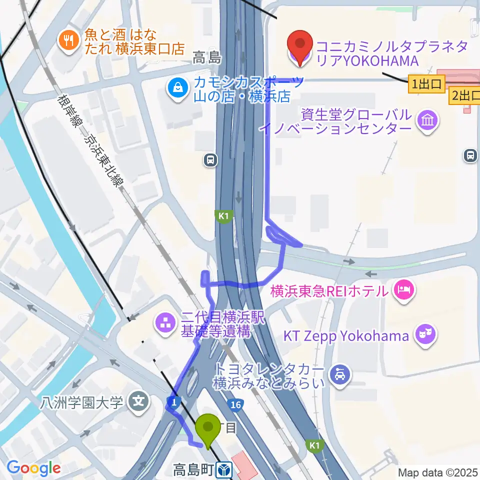 高島町駅からプラネタリアYOKOHAMAへのルートマップ地図