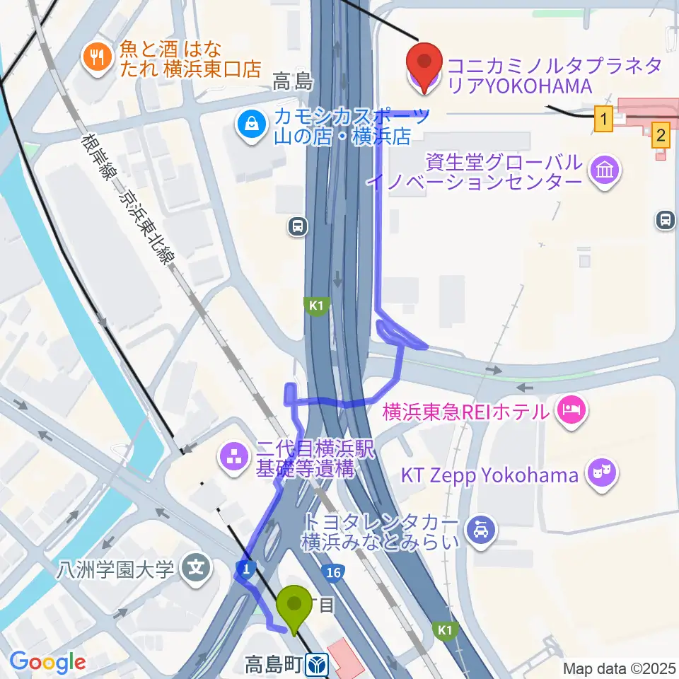 高島町駅からプラネタリアYOKOHAMAへのルートマップ地図