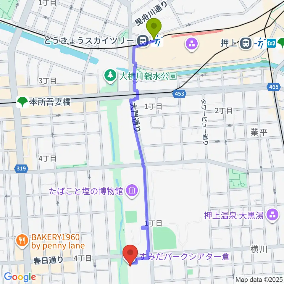 とうきょうスカイツリー駅からすみだパークシアター倉へのルートマップ地図