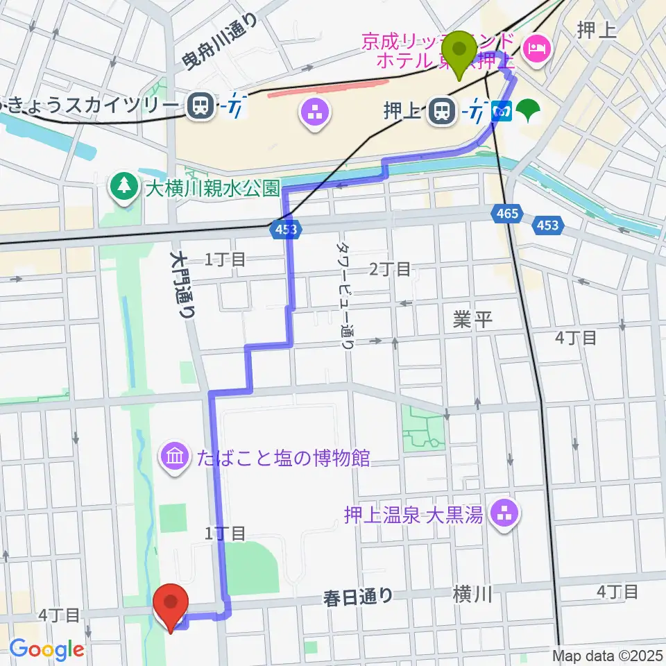 押上〈スカイツリー前〉駅からすみだパークシアター倉へのルートマップ地図