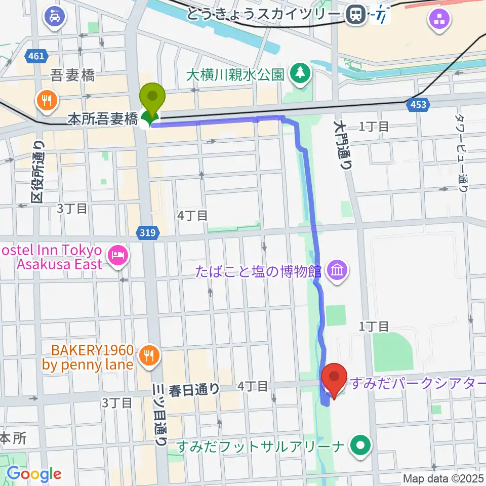 すみだパークシアター倉の最寄駅本所吾妻橋駅からの徒歩ルート（約11分）地図