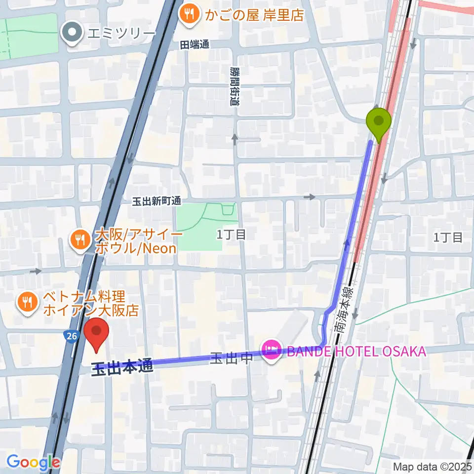 岸里玉出駅から西成結劇場へのルートマップ地図