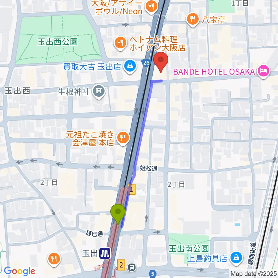 西成結劇場の最寄駅玉出駅からの徒歩ルート（約4分）地図