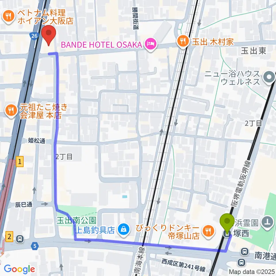 塚西駅から西成結劇場へのルートマップ地図