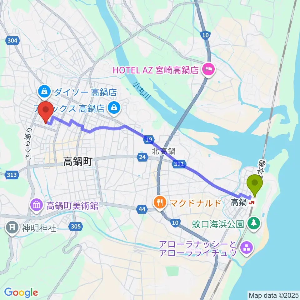たかしんホールの最寄駅高鍋駅からの徒歩ルート（約48分）地図