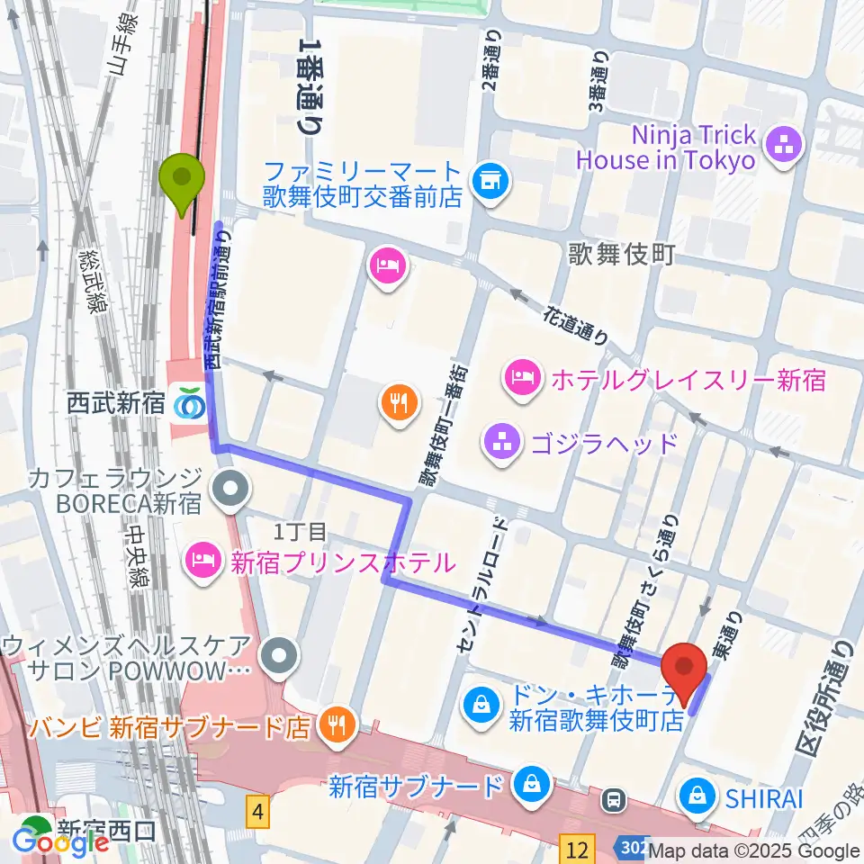 西武新宿駅から歌舞伎町劇場へのルートマップ地図