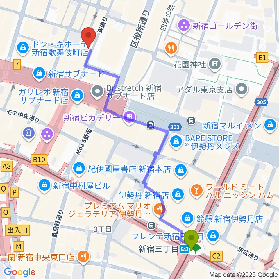 新宿三丁目駅から歌舞伎町劇場へのルートマップ地図