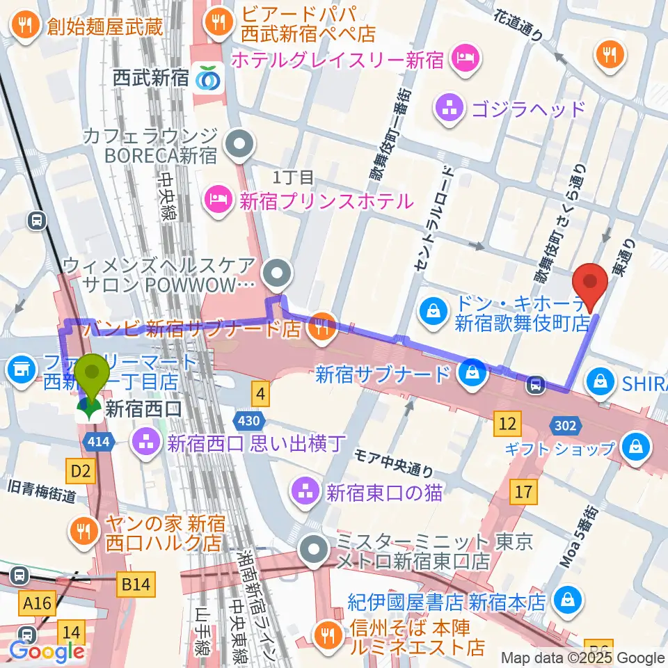 歌舞伎町劇場の最寄駅新宿西口駅からの徒歩ルート（約6分）地図