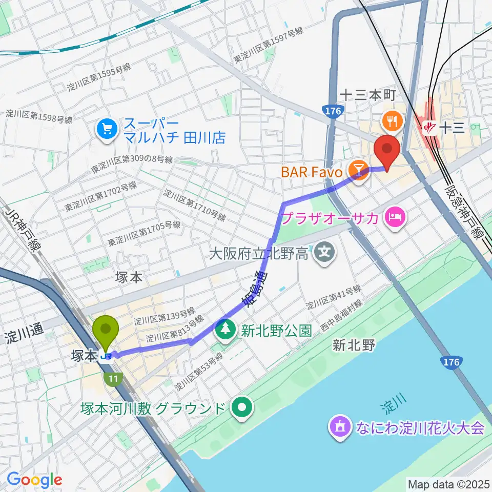 塚本駅から第七藝術劇場へのルートマップ地図