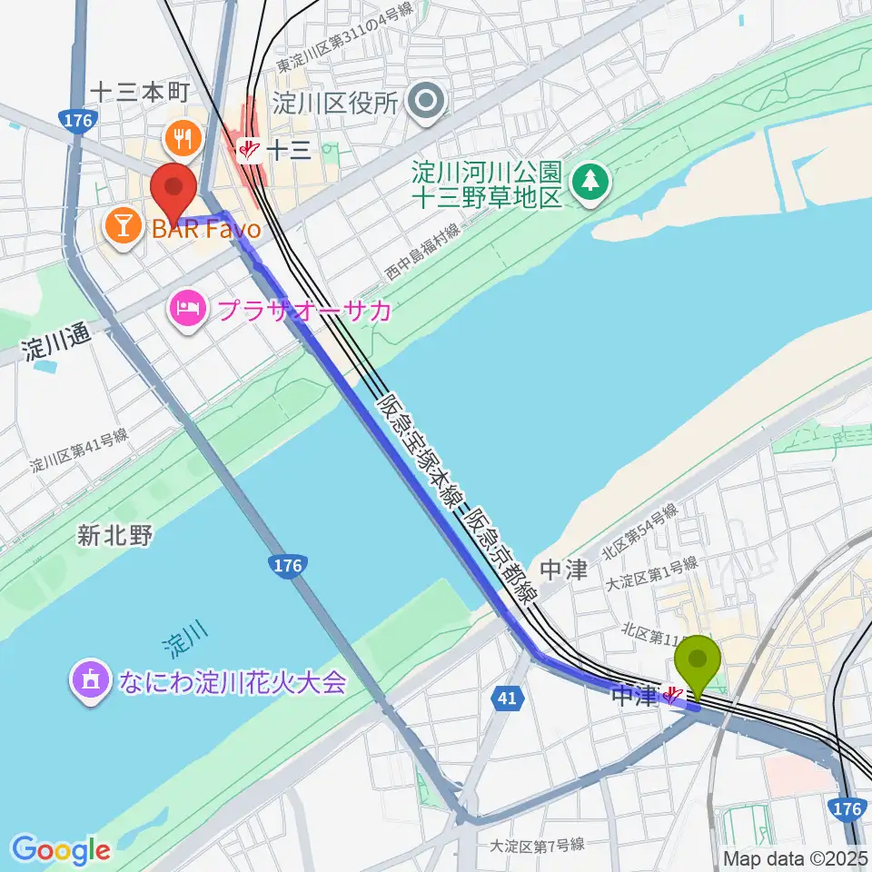 中津駅から第七藝術劇場へのルートマップ地図