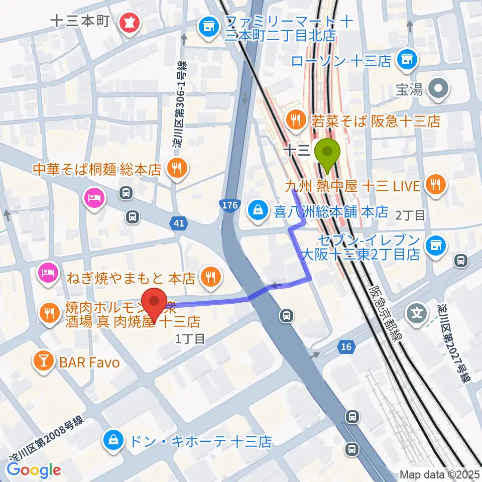 第七藝術劇場の最寄駅十三駅からの徒歩ルート（約4分）地図