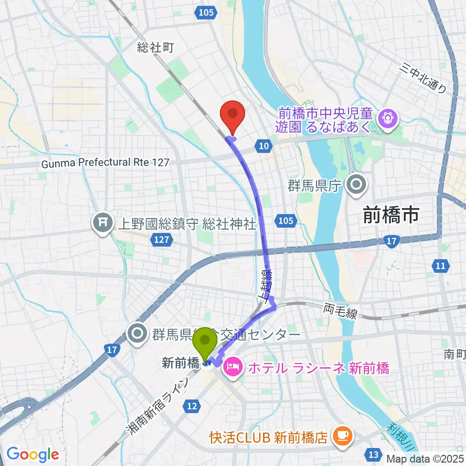 群馬県公社総合ビルの最寄駅新前橋駅からの徒歩ルート（約30分）地図