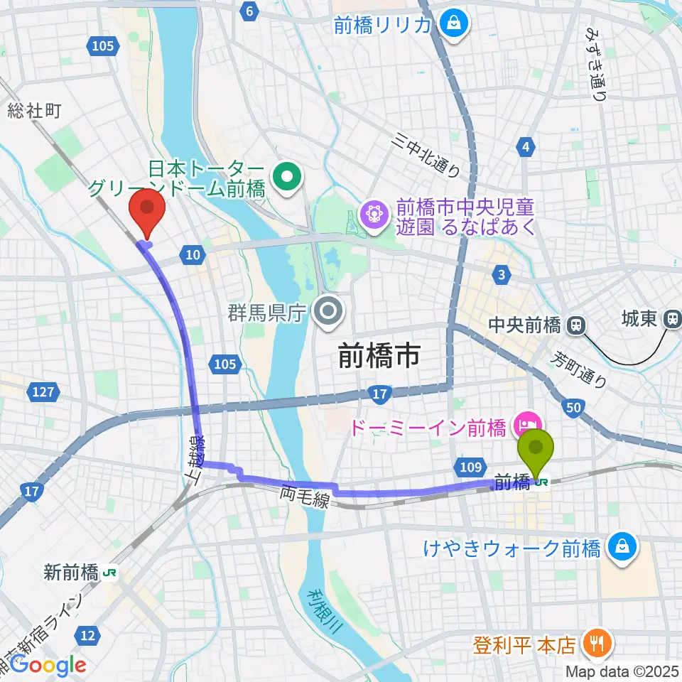 前橋駅から群馬県公社総合ビルへのルートマップ地図