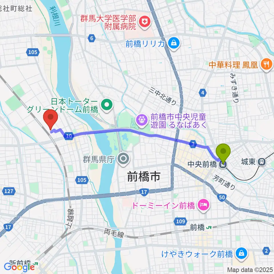 中央前橋駅から群馬県公社総合ビルへのルートマップ地図