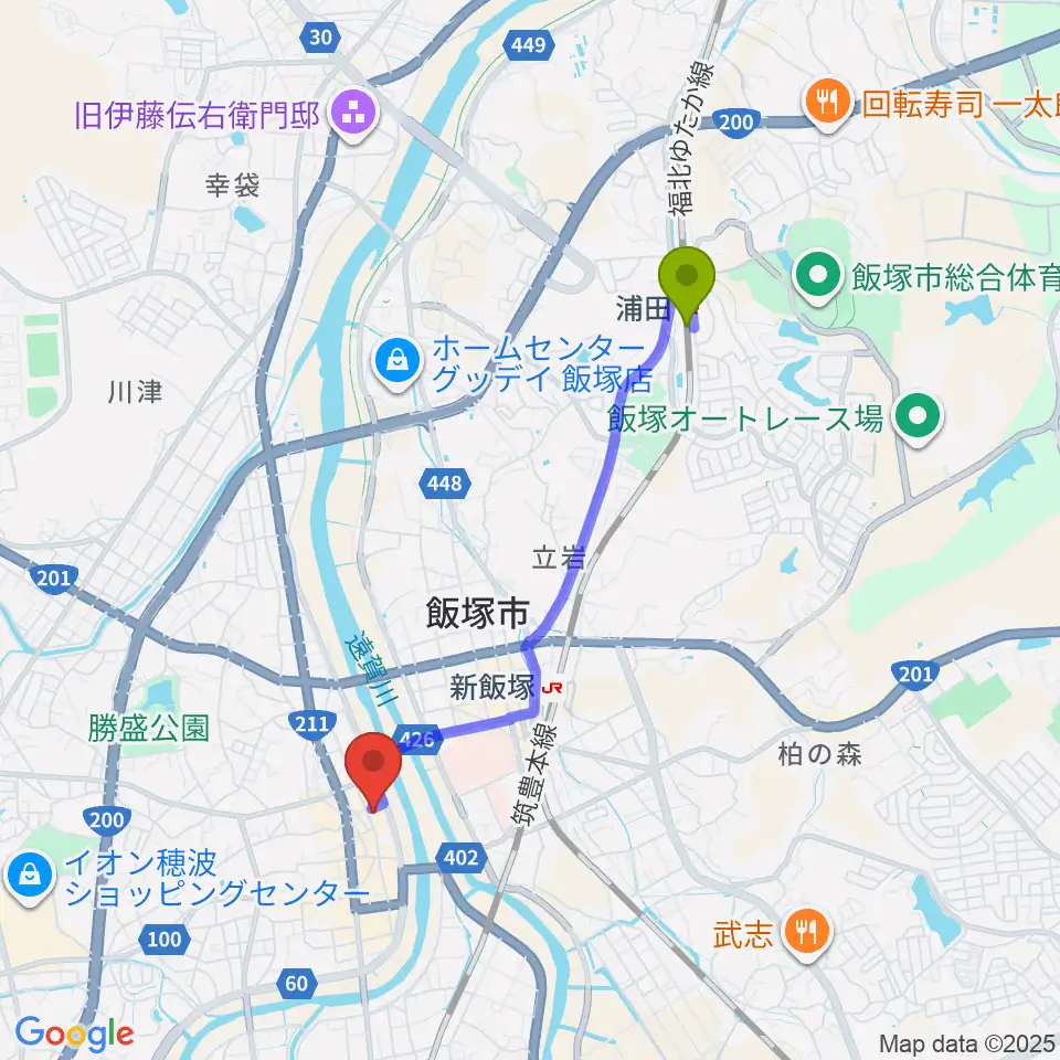 浦田駅から飯塚セントラル劇場へのルートマップ地図