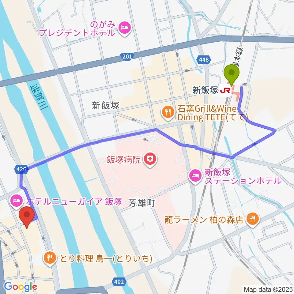 飯塚セントラル劇場の最寄駅新飯塚駅からの徒歩ルート（約13分）地図