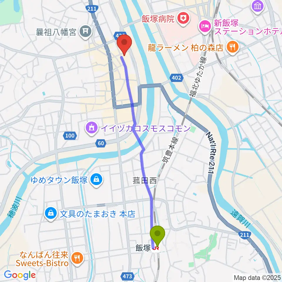飯塚駅から飯塚セントラル劇場へのルートマップ地図