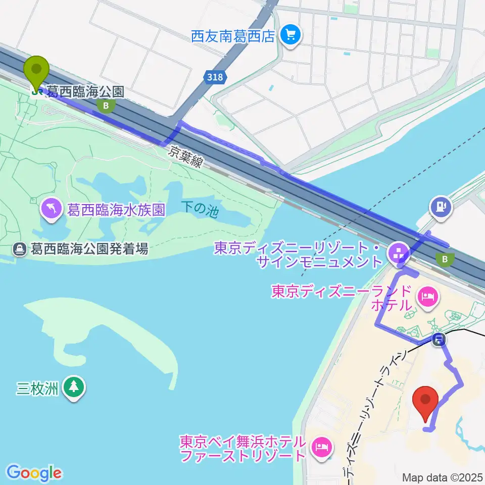 葛西臨海公園駅から東京ディズニーランド ショーベースへのルートマップ地図