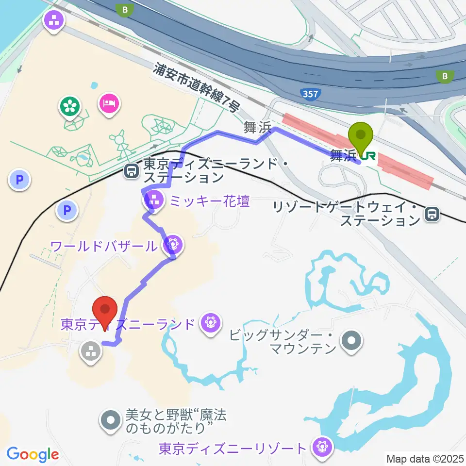 東京ディズニーランド ショーベースの最寄駅舞浜駅からの徒歩ルート（約10分）地図