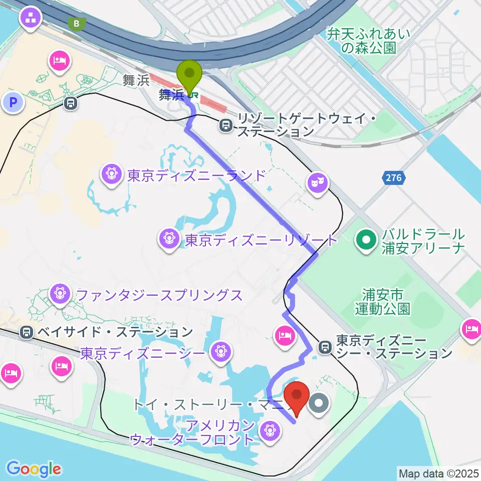 東京ディズニーシー ブロードウェイ･ミュージックシアターの最寄駅舞浜駅からの徒歩ルート（約22分）地図