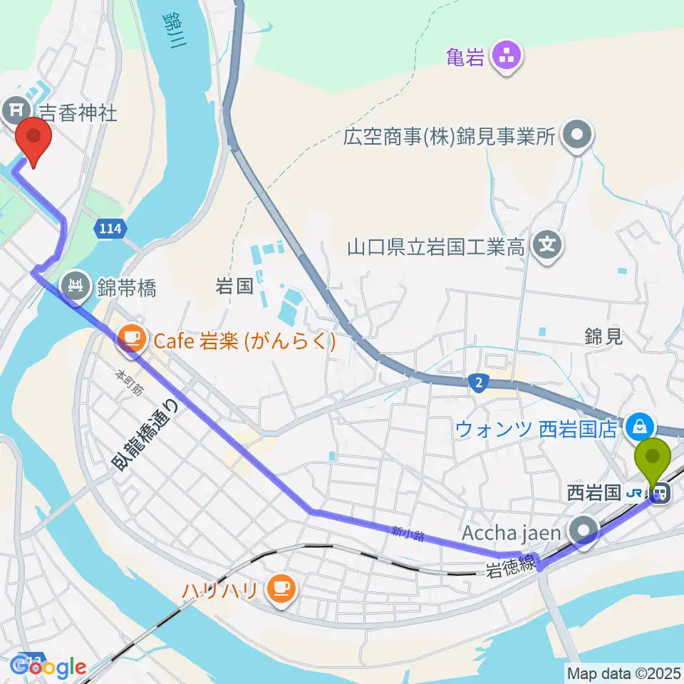 西岩国駅から岩国徴古館へのルートマップ地図