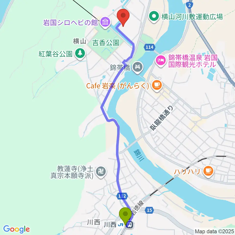 岩国徴古館の最寄駅川西駅からの徒歩ルート（約27分）地図
