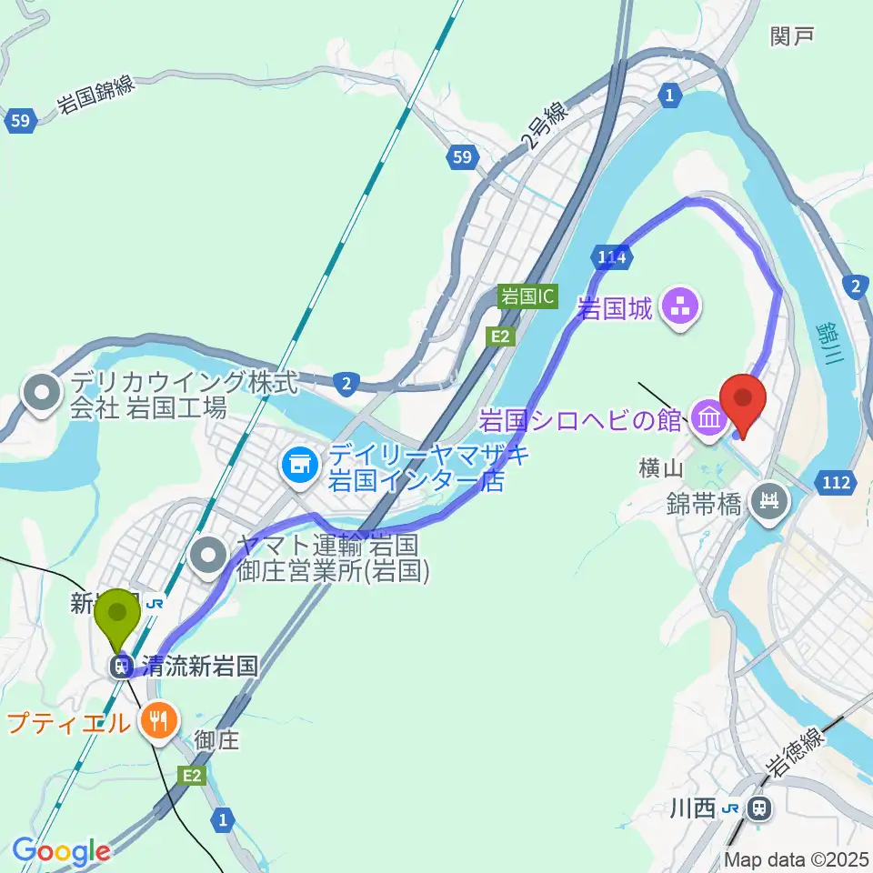 清流新岩国駅から岩国徴古館へのルートマップ地図