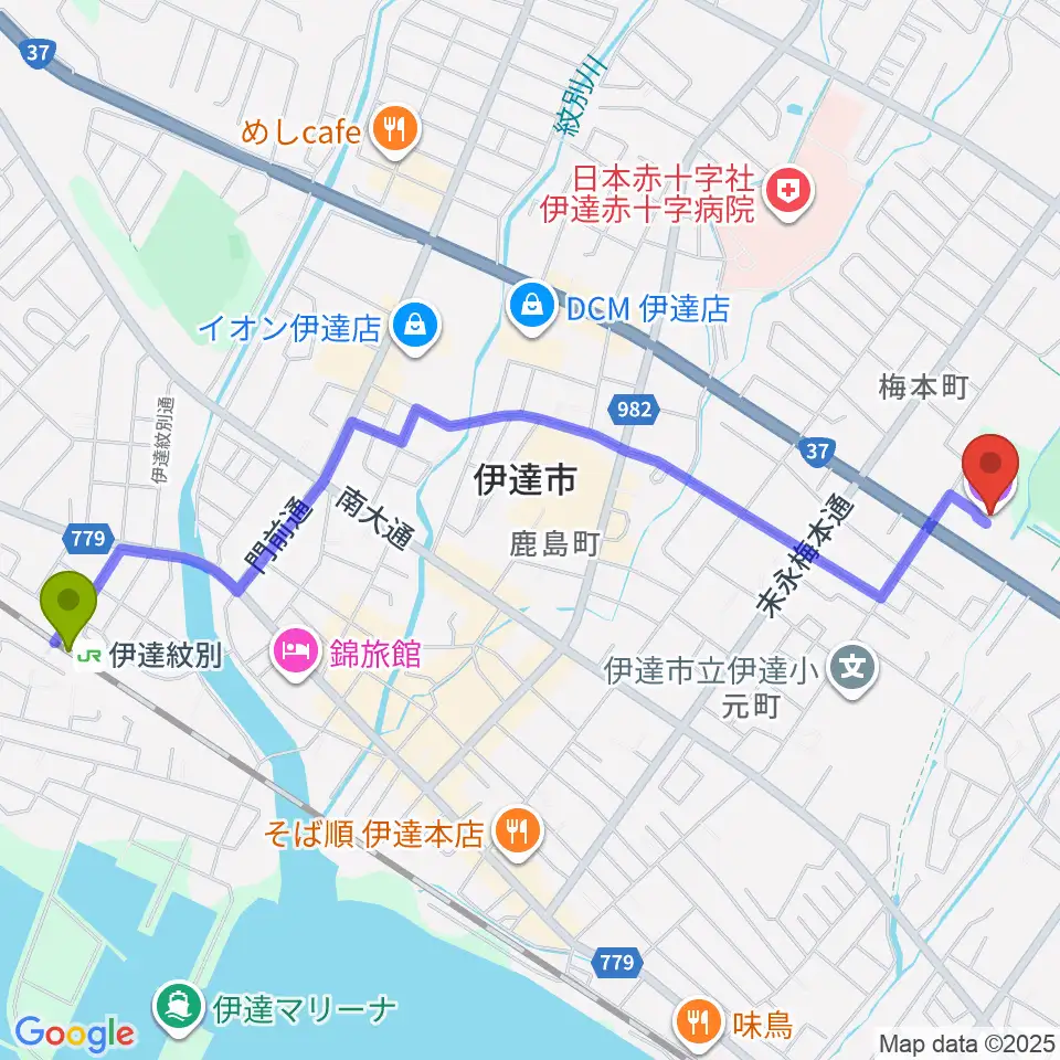 だて歴史文化ミュージアムの最寄駅伊達紋別駅からの徒歩ルート（約25分）地図