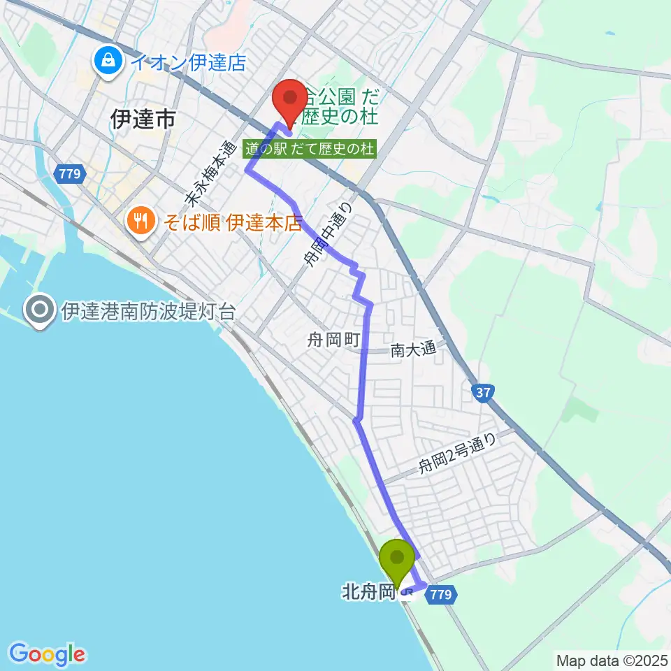 北舟岡駅からだて歴史文化ミュージアムへのルートマップ地図
