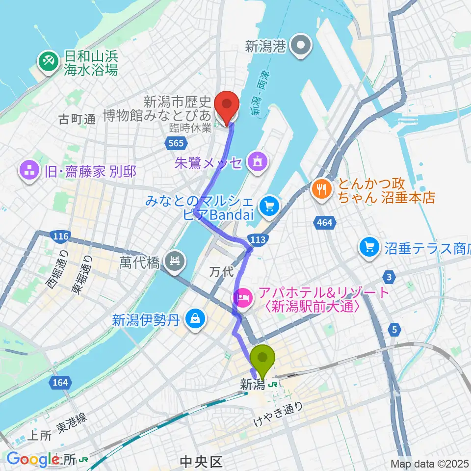 新潟市歴史博物館の最寄駅新潟駅からの徒歩ルート（約33分）地図