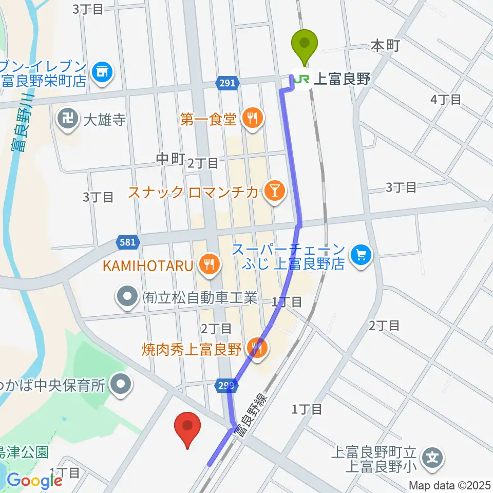 上富良野町郷土館の最寄駅上富良野駅からの徒歩ルート（約11分）地図