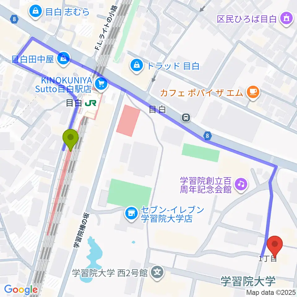 霞会館記念学習院ミュージアムの最寄駅目白駅からの徒歩ルート（約6分）地図