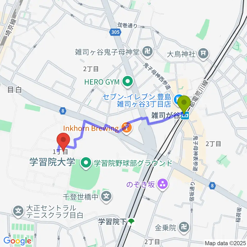 雑司が谷駅から霞会館記念学習院ミュージアムへのルートマップ地図