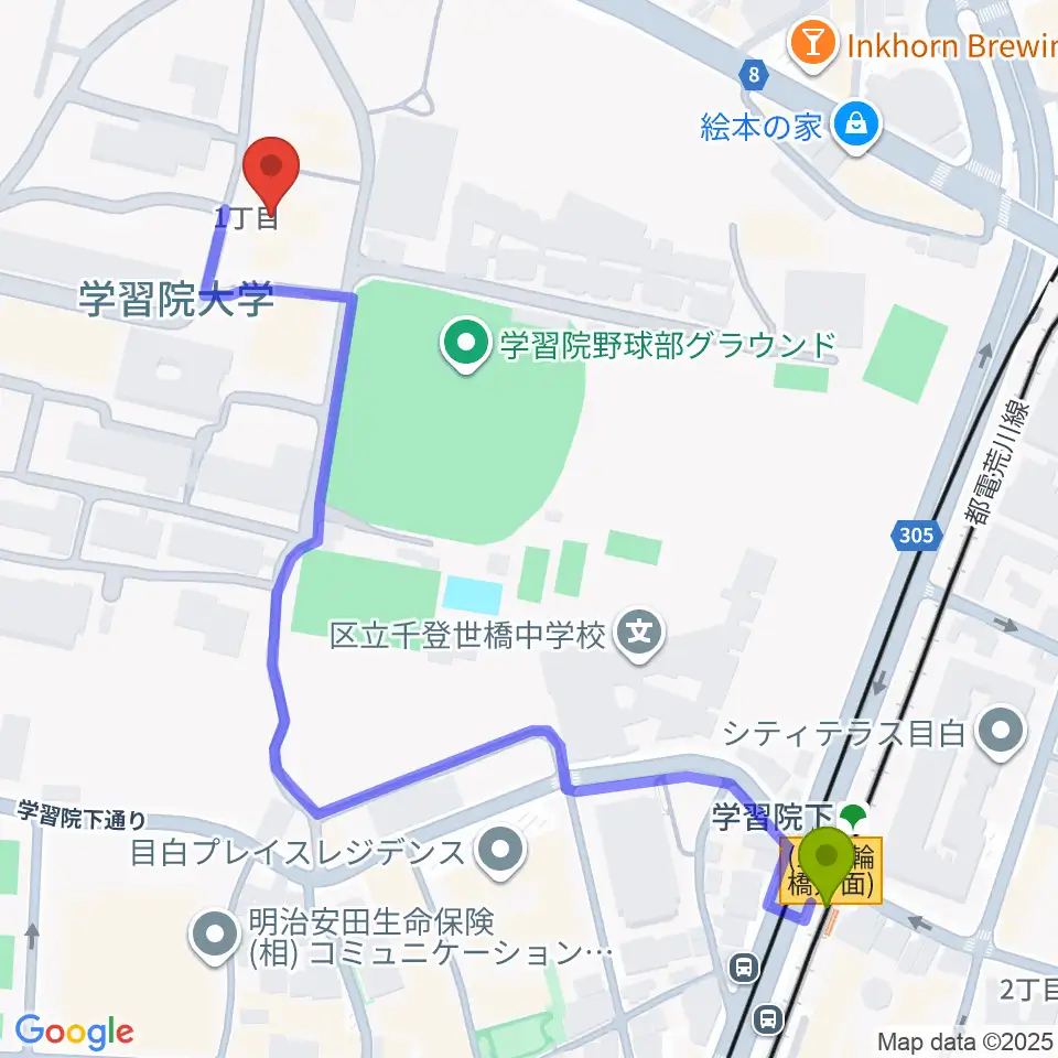 学習院下駅から霞会館記念学習院ミュージアムへのルートマップ地図