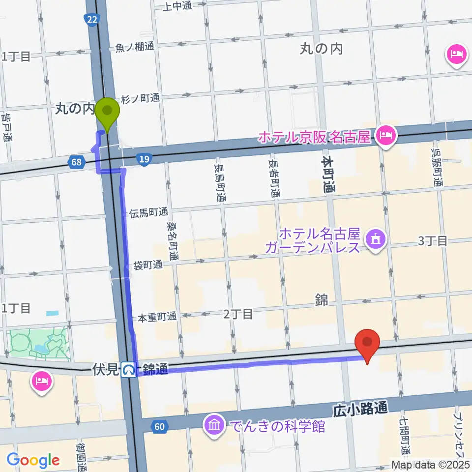 丸の内駅から貨幣・浮世絵ミュージアムへのルートマップ地図